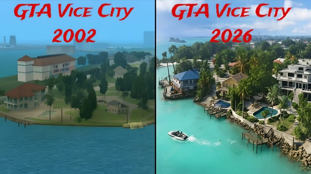 Comparison of Vice City 2026 map vs Vice City 2002 map showing size, layout, and graphics differences inspired by GTA 6 and classic GTA Vice City