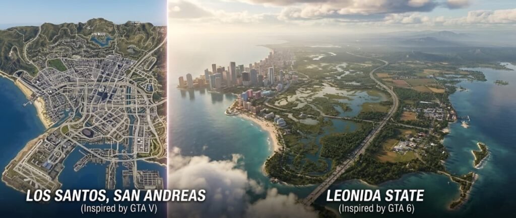 GTA 6 vs GTA 5 map comparison showing Vice City 2026 much bigger than Los Santos map