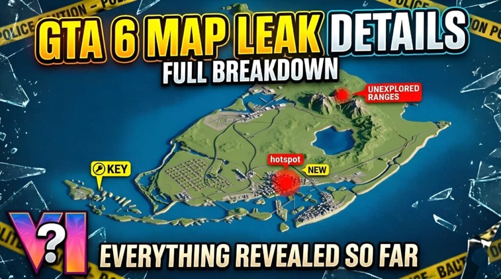 GTA 6 map leak details full breakdown showing Vice City, Leonida map, expanded size, cities, islands, and hidden locations in 2026