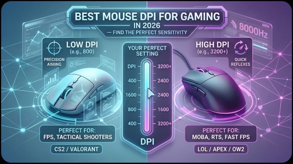 Best Mouse DPI for Gaming 2026 showing ideal sensitivity levels for FPS and esports players.