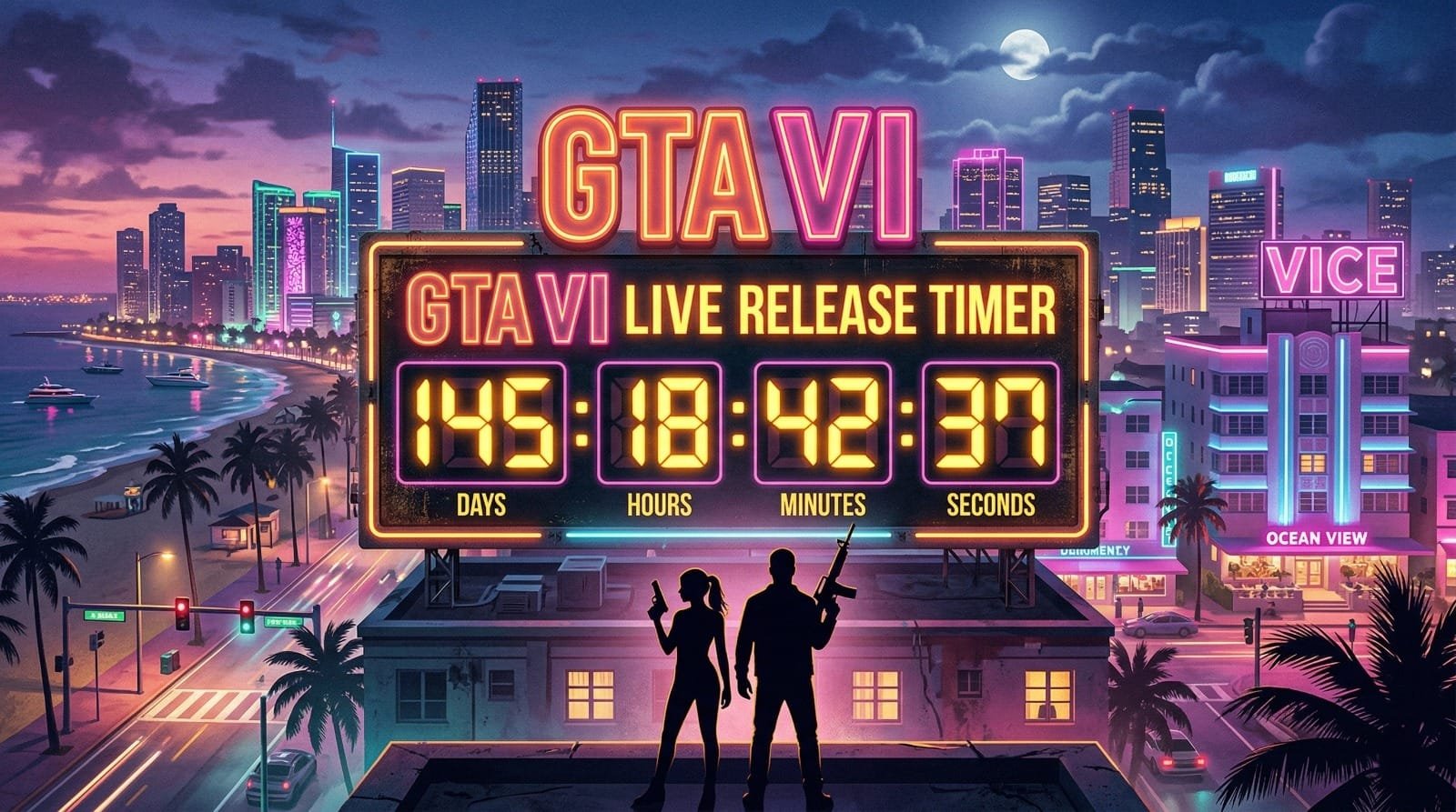 GTA 6 timer background with live 2026 countdown in HD and 4K for desktop and mobile