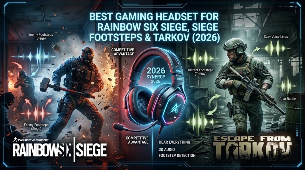 Best Gaming Headset for Rainbow Six Siege and Escape from Tarkov with crystal-clear footsteps audio, competitive FPS sound positioning, immersive surround sound, and comfortable design for long gaming sessions.