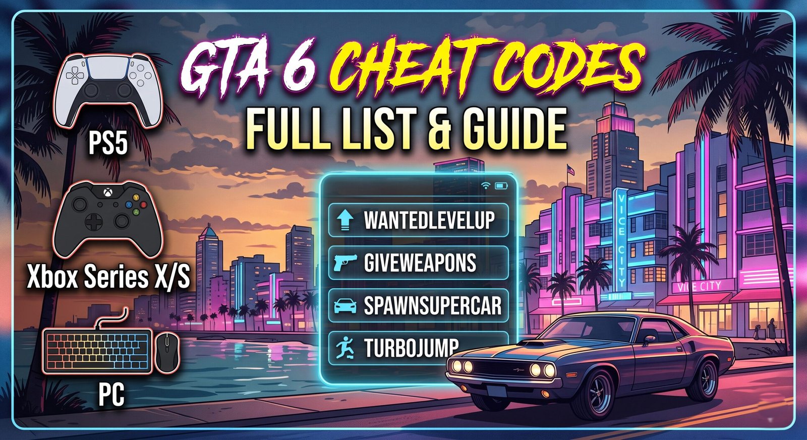 GTA 6 cheat codes for PS5, Xbox, and PC including popular cheats, gameplay boosts, and classic GTA features