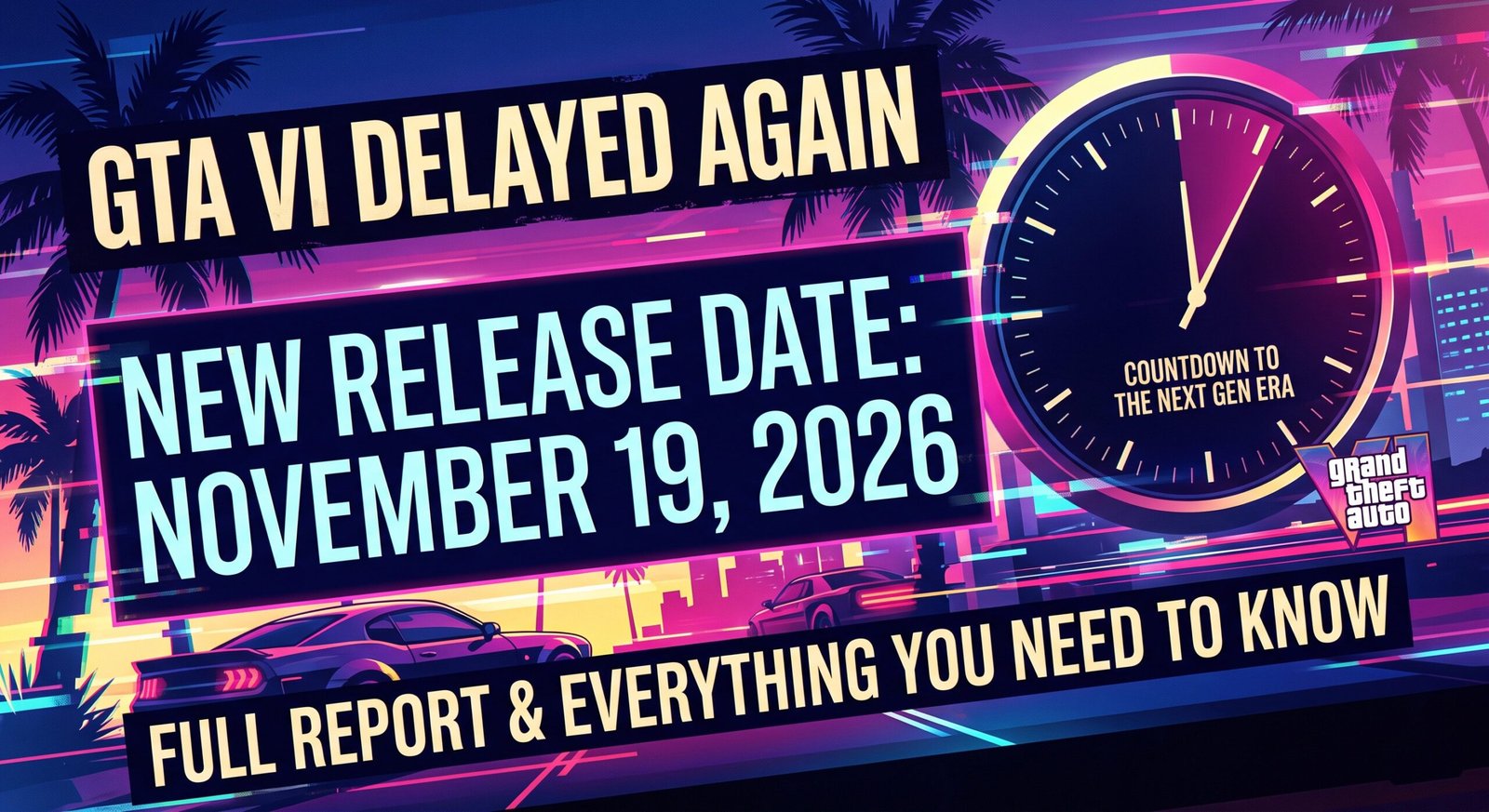 GTA 6 delayed release date showing November 19, 2026 launch, countdown, and latest official updates
