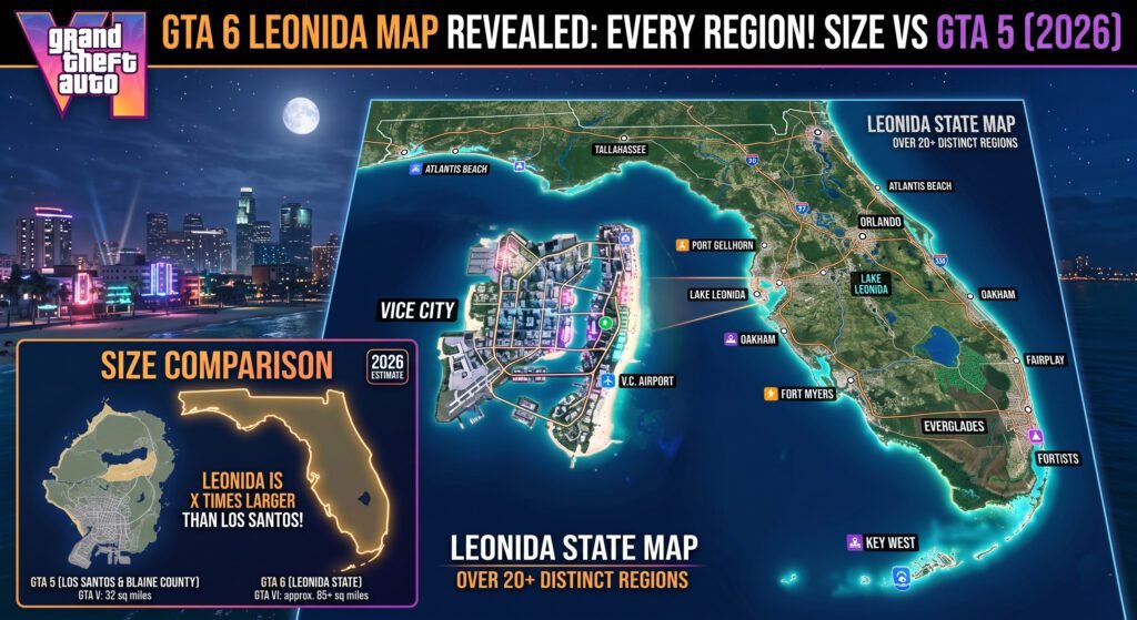 GTA 6 Leonida map showing Vice City, major regions, and size comparison with GTA 5's San Andreas