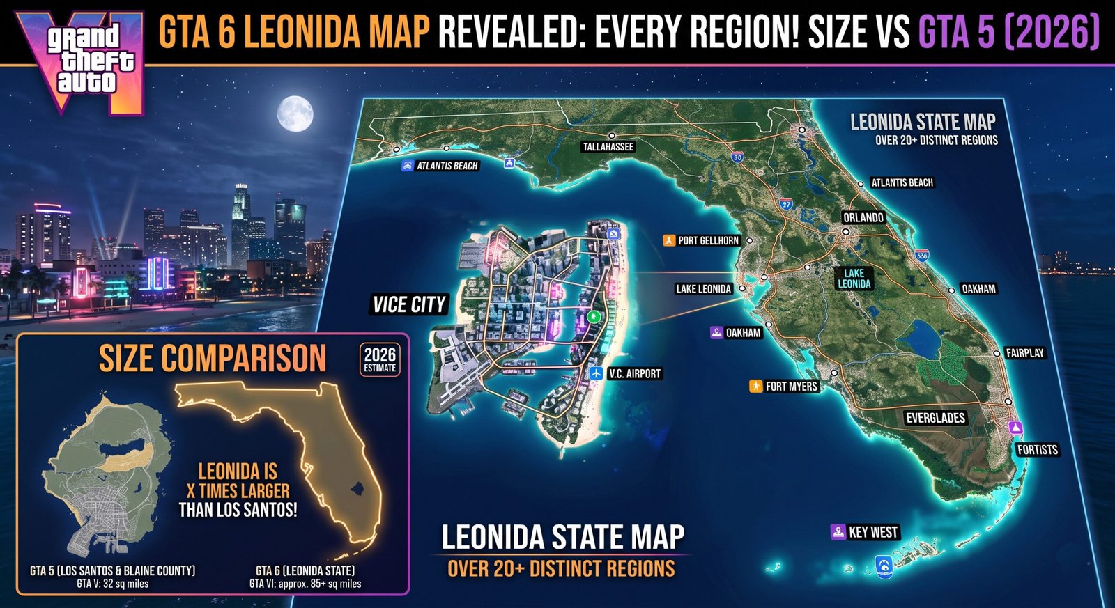 GTA 6 Leonida map showing Vice City, major regions, and size comparison with GTA 5's San Andreas