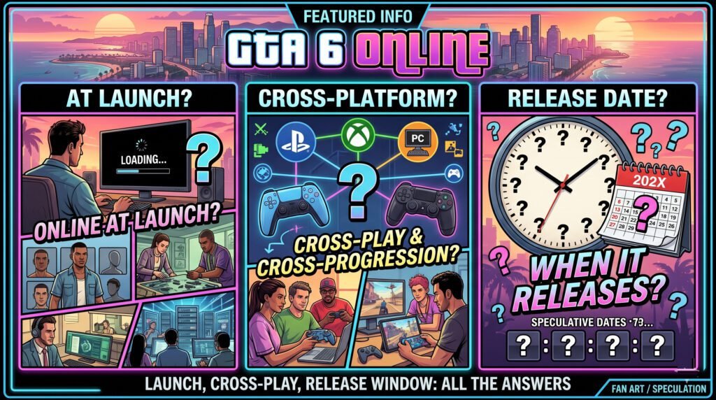 GTA 6 Online multiplayer featuring cross-platform gameplay, online modes, and launch details for PS5, Xbox, and PC