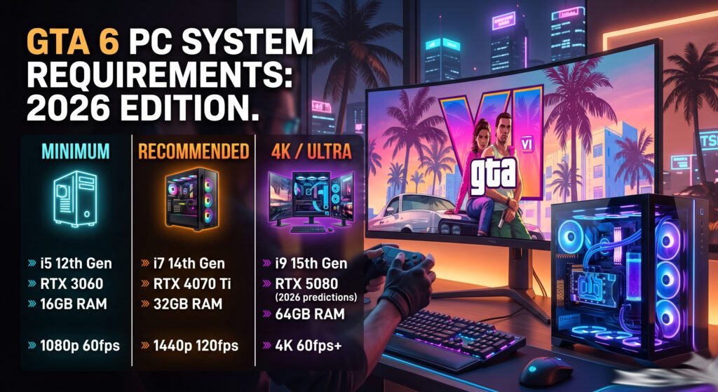 GTA 6 PC system requirements showing minimum, recommended, and 4K hardware specs for smooth gameplay