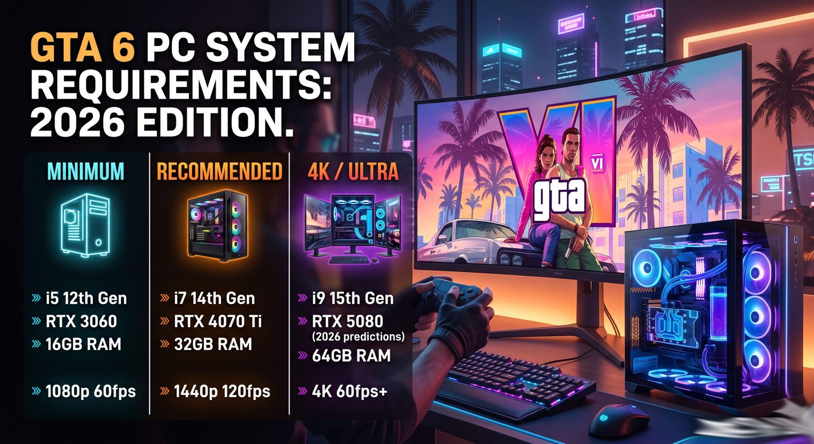 GTA 6 PC system requirements showing minimum, recommended, and 4K hardware specs for smooth gameplay