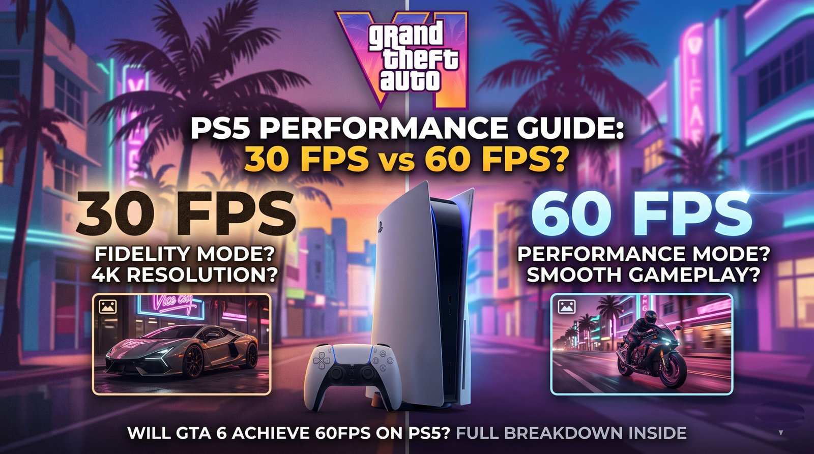 GTA 6 running on PS5 showing 30FPS and 60FPS performance comparison with graphics and performance modes