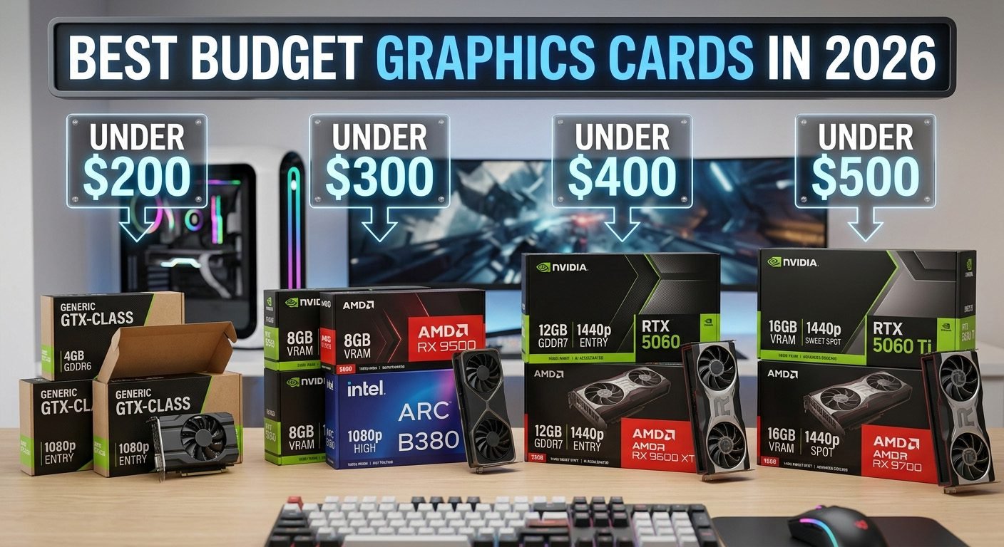 Best budget graphics cards under $200, $300, $400, and $500 for 1080p and 1440p gaming with NVIDIA, AMD, and Intel GPUs