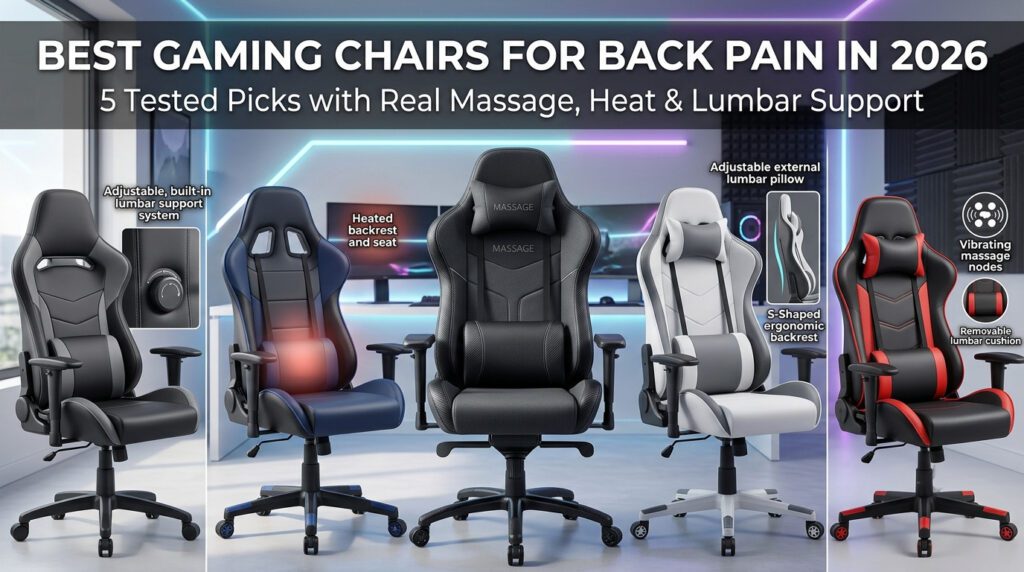 Best gaming chair for back pain with ergonomic lumbar support, reclining backrest, adjustable armrests, and optional massage and heating features