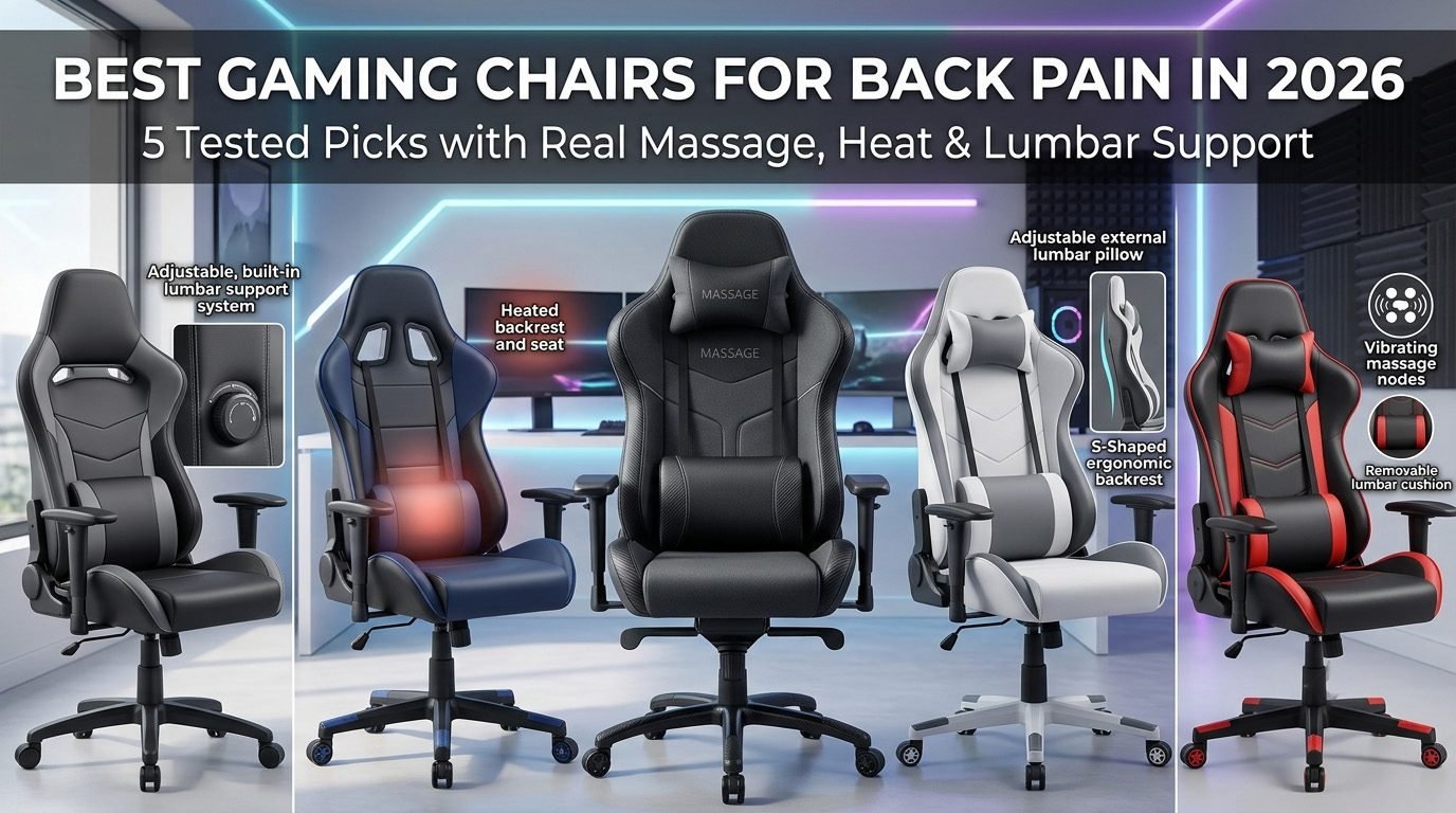 Best gaming chair for back pain with ergonomic lumbar support, reclining backrest, adjustable armrests, and optional massage and heating features
