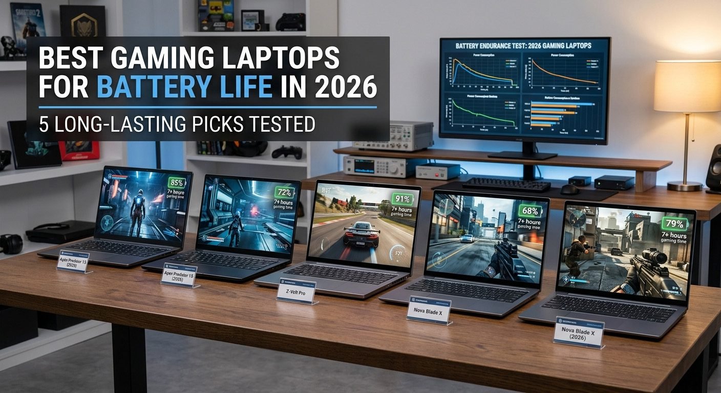 Best gaming laptop for battery life with RTX graphics, long-lasting battery, high-refresh display, and lightweight design