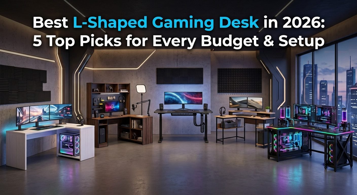 Best L-shaped gaming desk with dual-monitor setup, cable management, sturdy steel frame, and spacious corner workspace