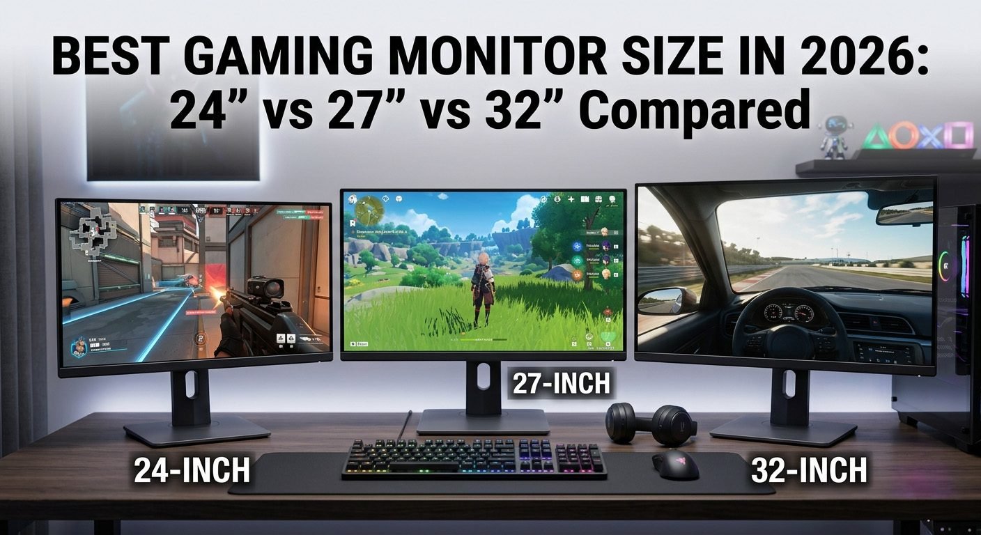 Comparison of 24-inch, 27-inch, and 32-inch gaming monitors showing size differences for FPS, esports, and immersive gaming