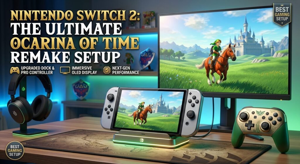 Nintendo Switch 2 gaming setup with Zelda-themed accessories, Pro Controller, headset, 4K TV, and Ocarina of Time Remake