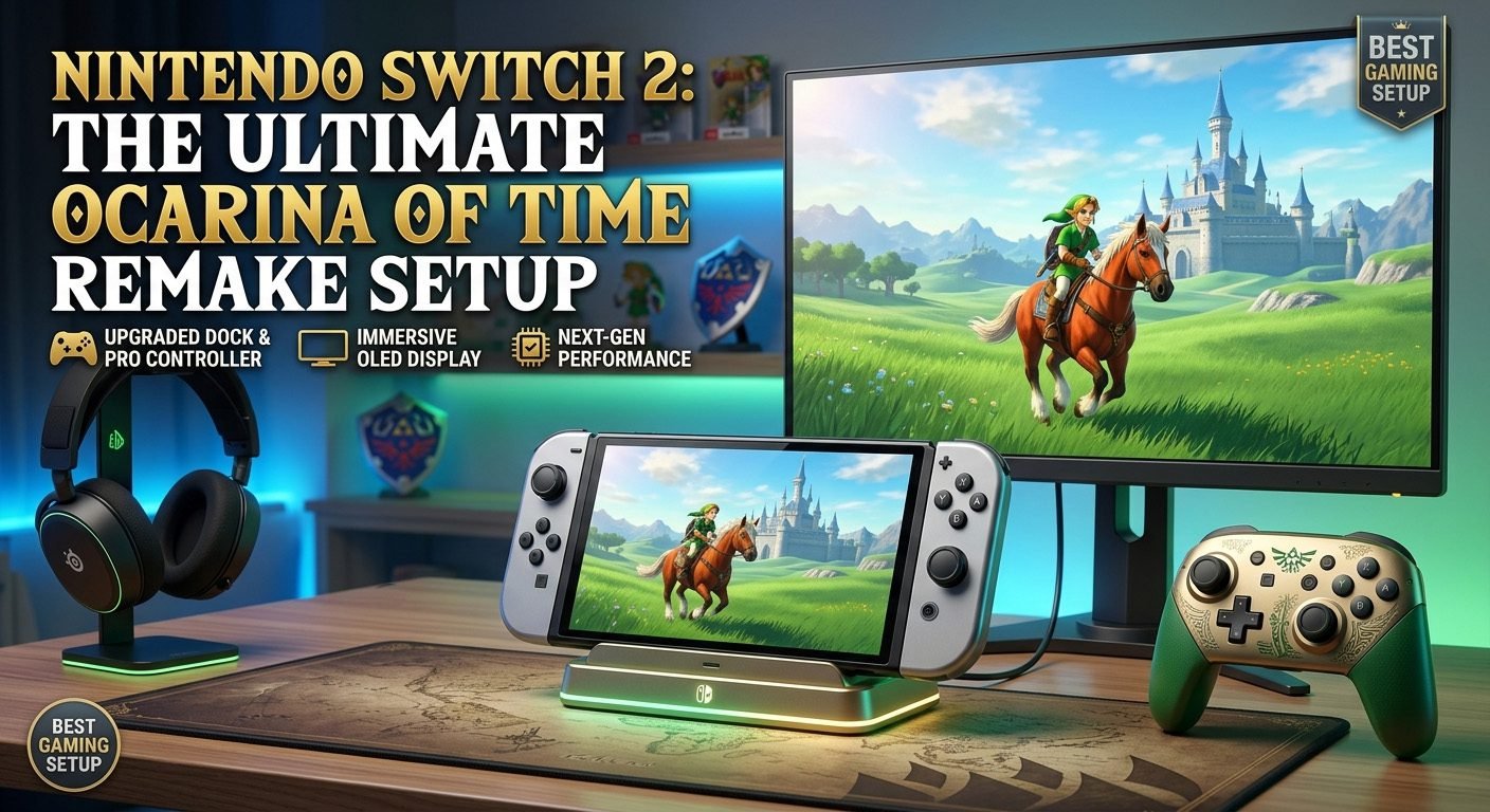 Nintendo Switch 2 gaming setup with Zelda-themed accessories, Pro Controller, headset, 4K TV, and Ocarina of Time Remake