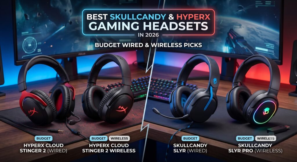 Best Skullcandy and HyperX gaming headsets with wired and wireless options, clear microphones, comfortable ear cushions, and immersive gaming audio