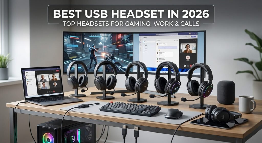 Best USB headset with microphone featuring plug-and-play USB connectivity, clear audio, noise-canceling mic, and comfortable over-ear design for gaming and work