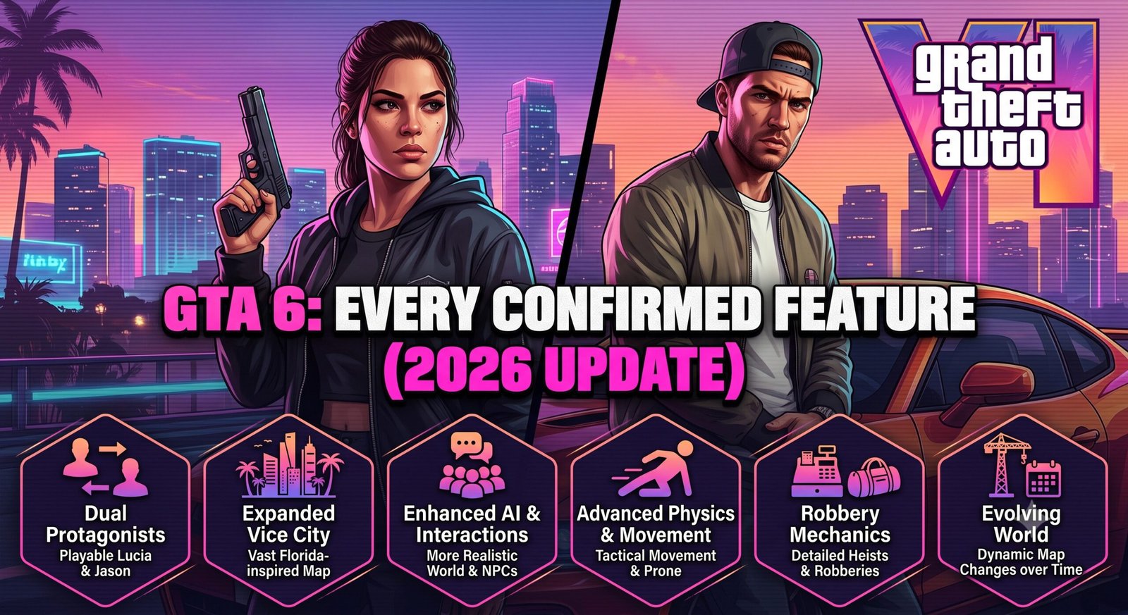 GTA 6 gameplay featuring Vice City, Lucia and Jason, improved combat, vehicles, and a detailed open world