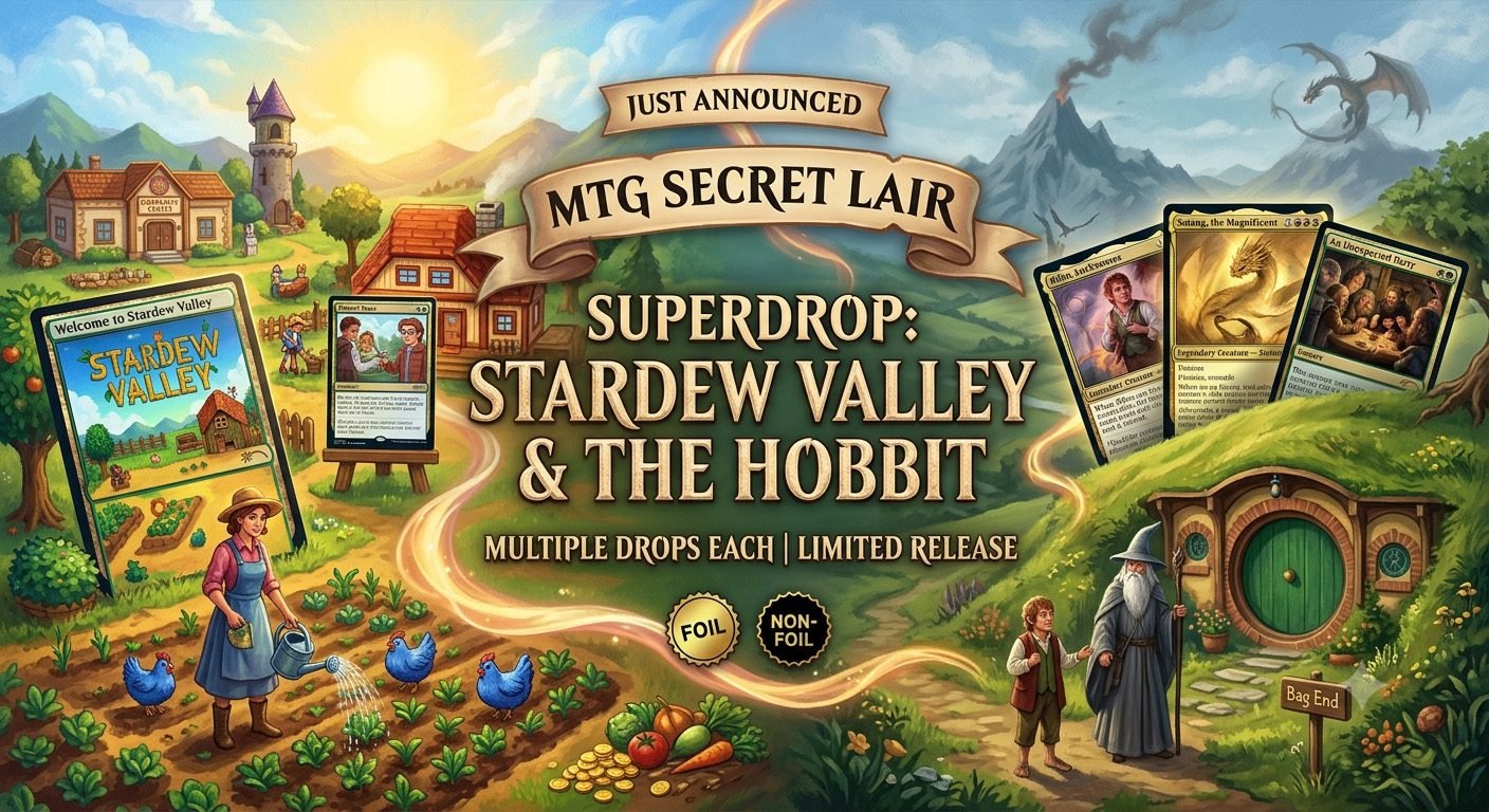 MTG Secret Lair Stardew Valley and The Hobbit Superdrops featuring exclusive Magic The Gathering crossover cards and artwork