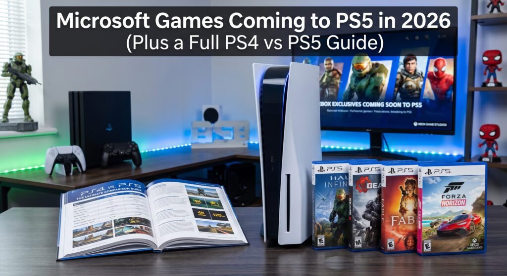 Microsoft games coming to PS5 in 2026 alongside a PS4 vs PS5 comparison featuring upcoming Xbox titles and PlayStation consoles