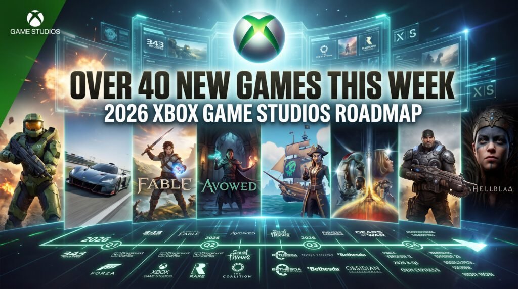 Xbox Game Studios roadmap showing 40 plus new games, Game Pass releases, and upcoming Xbox Series X|S and PC titles in 2026