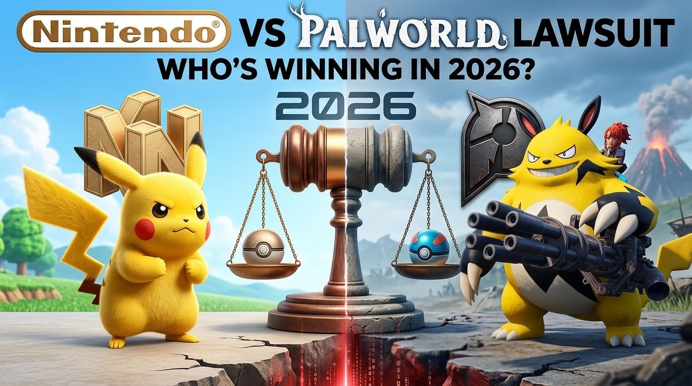 Nintendo and Palworld lawsuit illustration featuring Pokémon-inspired creatures, legal documents, and courtroom imagery representing the 2026 patent dispute