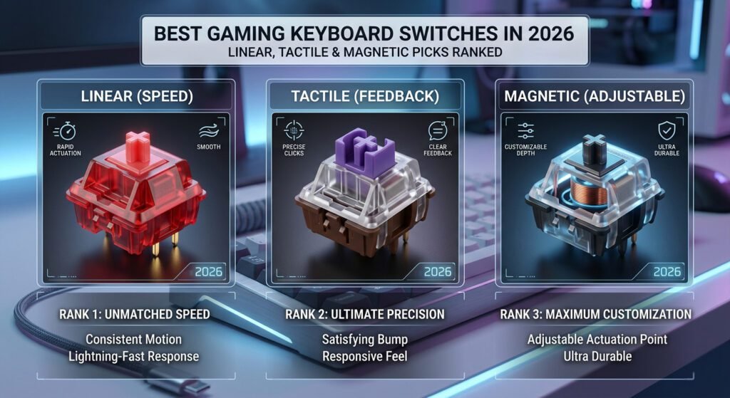 Best gaming keyboard switches in 2026 comparing linear, tactile and magnetic switches.