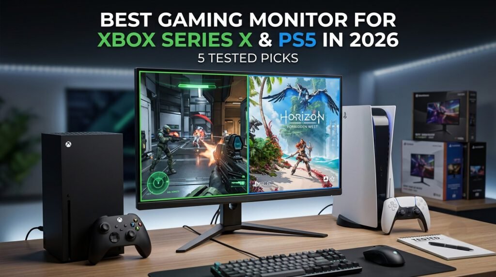 Best gaming monitor for Xbox Series X and PS5 with HDMI 2.1, 4K 120Hz, VRR, HDR, and ultra-low input lag.
