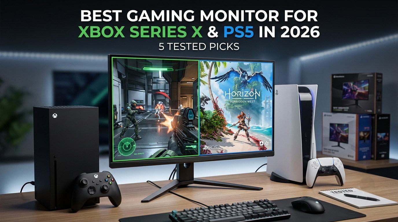 Best gaming monitor for Xbox Series X and PS5 with HDMI 2.1, 4K 120Hz, VRR, HDR, and ultra-low input lag.