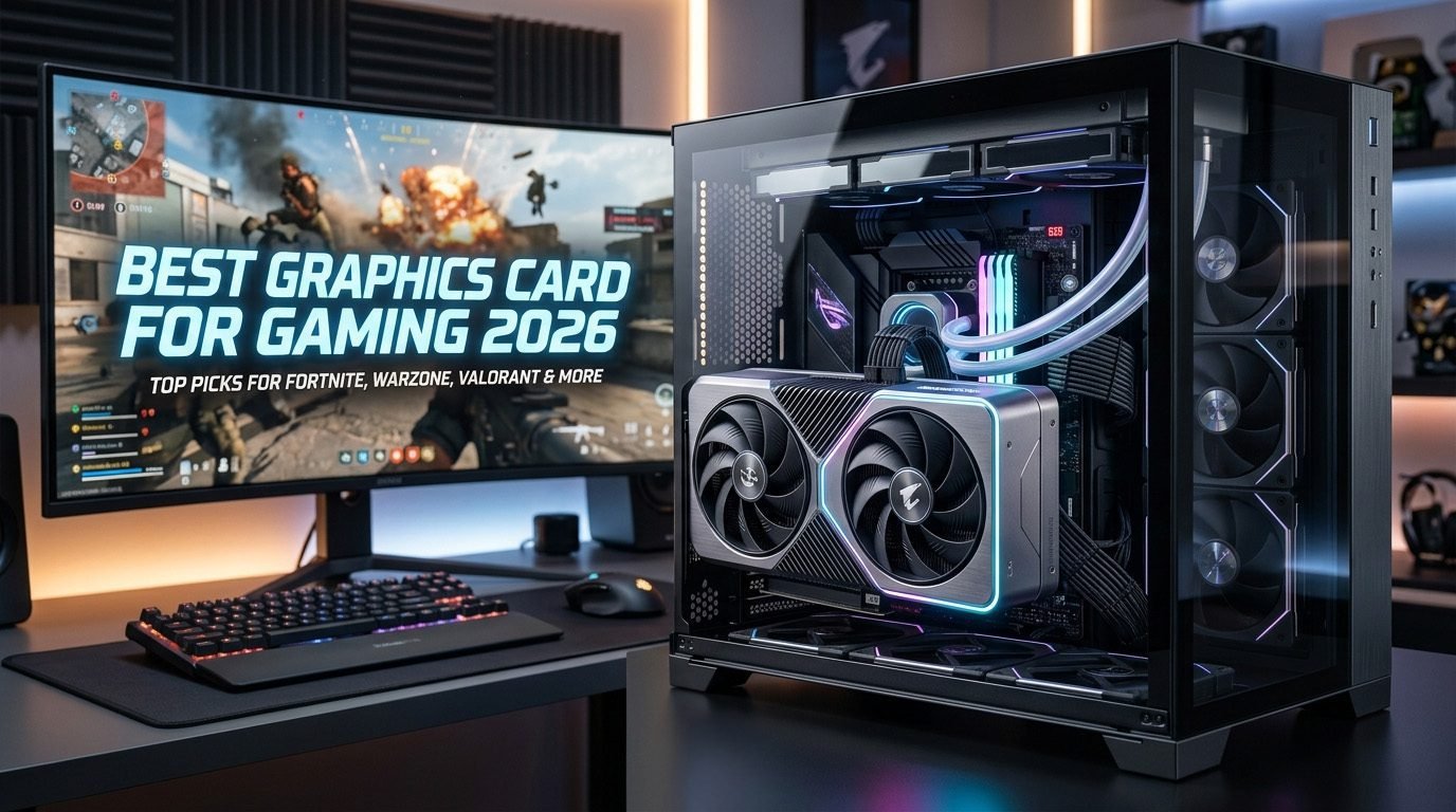 Best graphics cards for gaming in 2026 featuring NVIDIA and AMD GPUs for Fortnite, Warzone, Valorant, and 4K gaming.