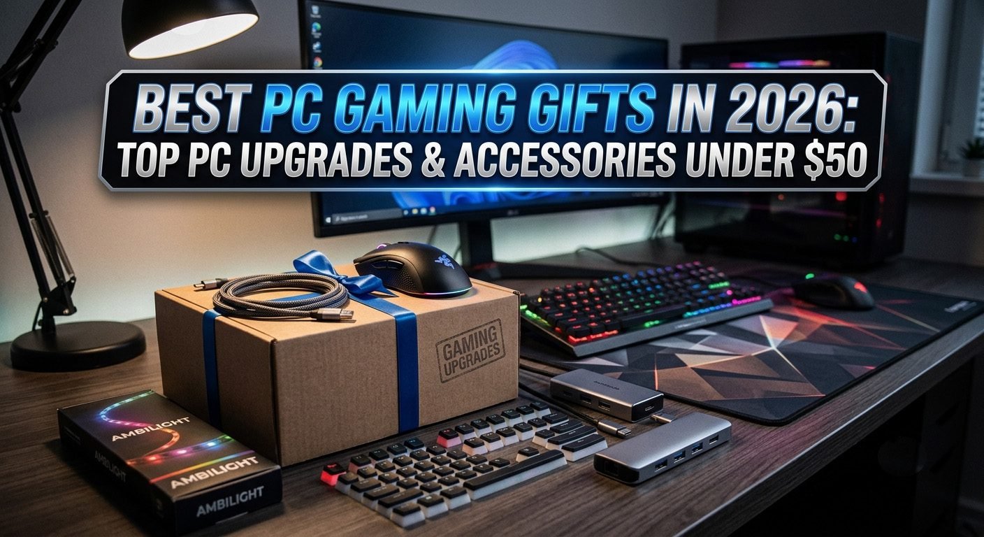 Best PC gaming gifts under $50 including gaming mouse, mechanical keyboard, headset stand, RGB lights, desk accessories, and SSD upgrades