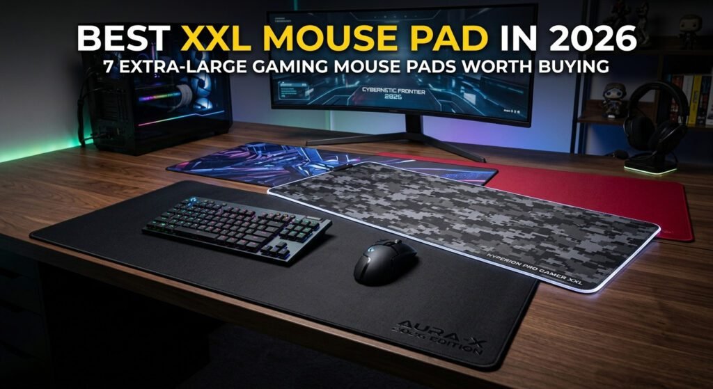 Best XXL gaming mouse pad with extended cloth surface, stitched edges, and non-slip rubber base for PC gaming.
