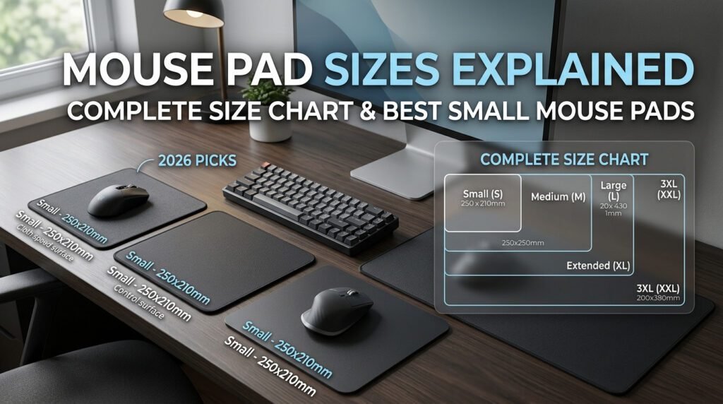 Mouse pad size chart comparing small, medium, large, extended, and XXL mouse pad dimensions.
