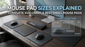 Mouse pad size chart comparing small, medium, large, extended, and XXL mouse pad dimensions.