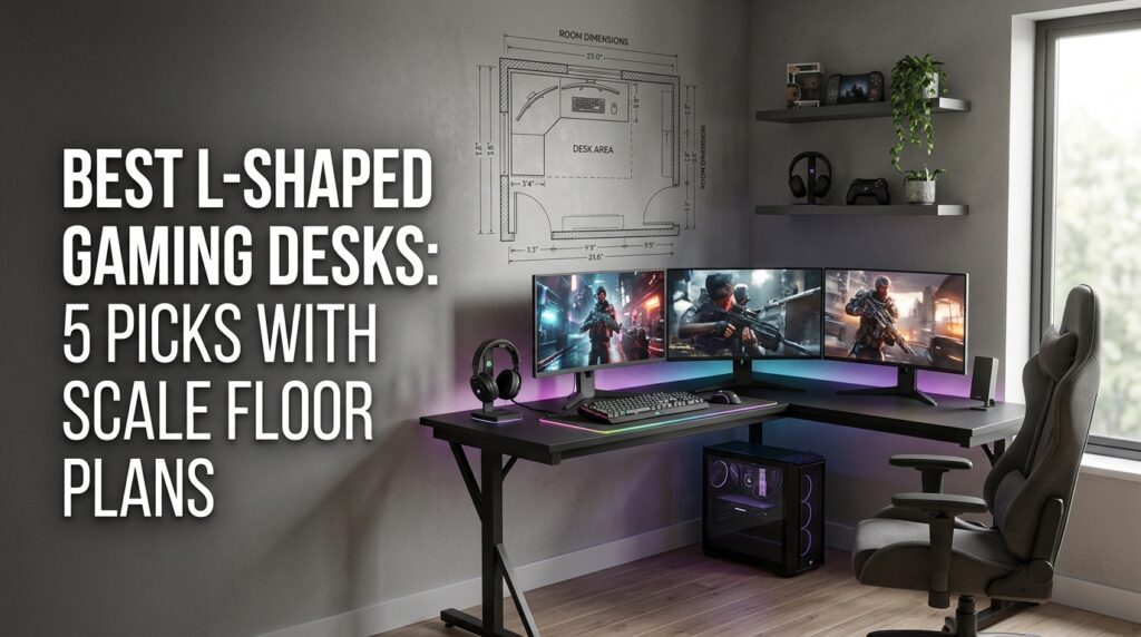 Best L-shaped gaming desks compared with scaled floor plans showing desk dimensions and room layouts.