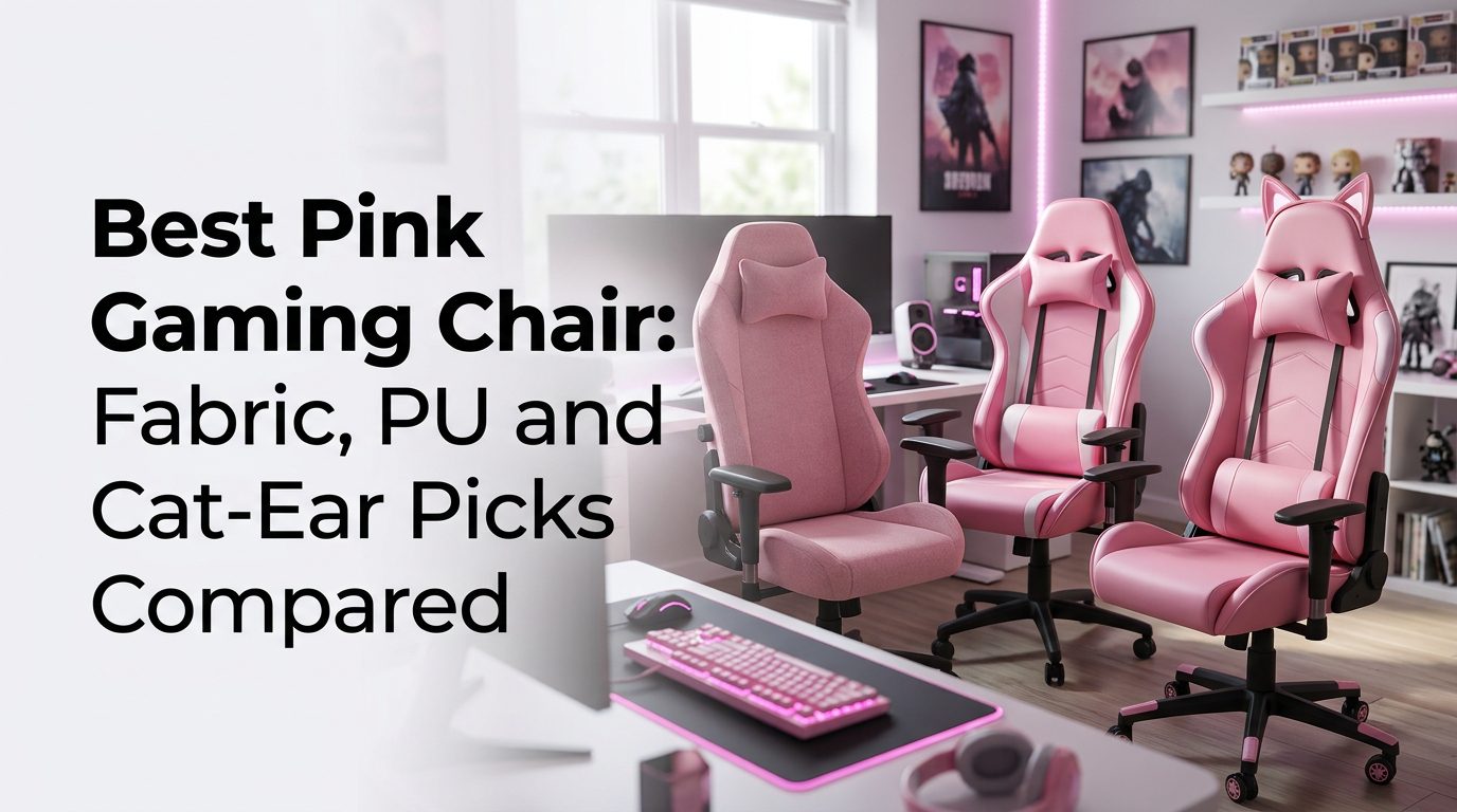 Pink gaming chairs compared by material and design, including fabric, PU leather, and cat-ear styles.