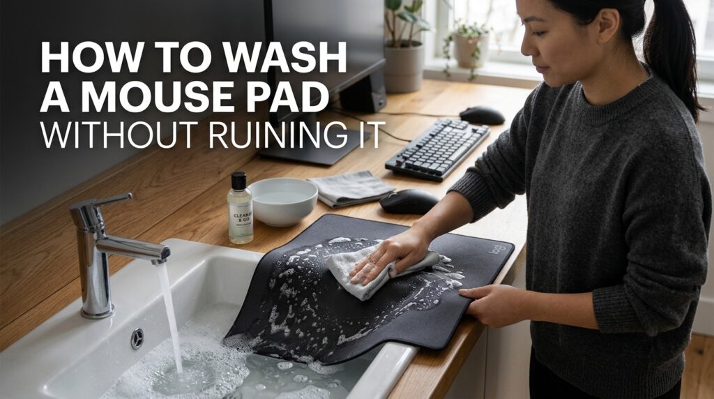 How to wash a mouse pad safely using mild soap, a soft sponge, and lukewarm water without damaging the surface.