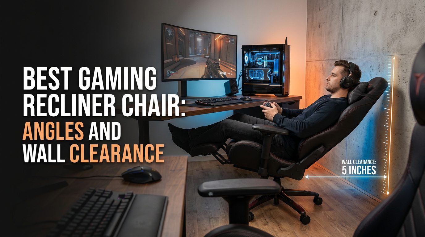 Gaming recliner chair comparison showing reclining angles, chair dimensions, and wall clearance space.
