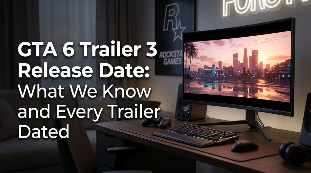 GTA 6 Trailer 3 release date guide showing confirmed information, reported updates, and the dates of previous Grand Theft Auto VI trailers.